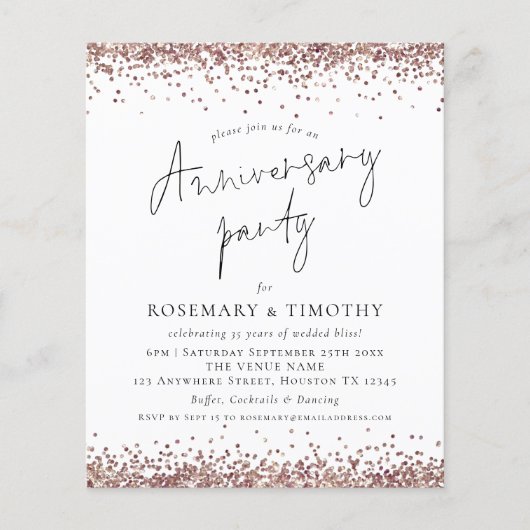Budget Rose Gold Glitzer Anniversary Party Einladu (Vorderseite)