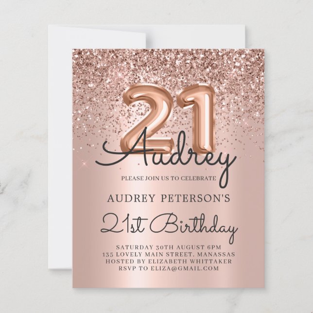 Budget Rose Gold Glitzer Ballon 21. Geburtstag (Vorderseite)