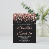 Budget Rose Gold Glitzer Black Sweet 16 Einladung (Stehend Vorderseite)