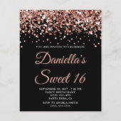 Budget Rose Gold Glitzer Black Sweet 16 Einladung (Vorderseite)
