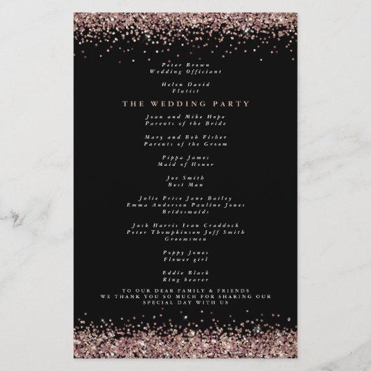 Budget Rose Gold Glitzer Black Wedding Programm (Rückseite)