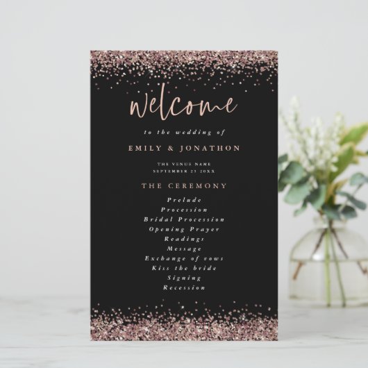 Budget Rose Gold Glitzer Black Wedding Programm (Stehend Vorderseite)