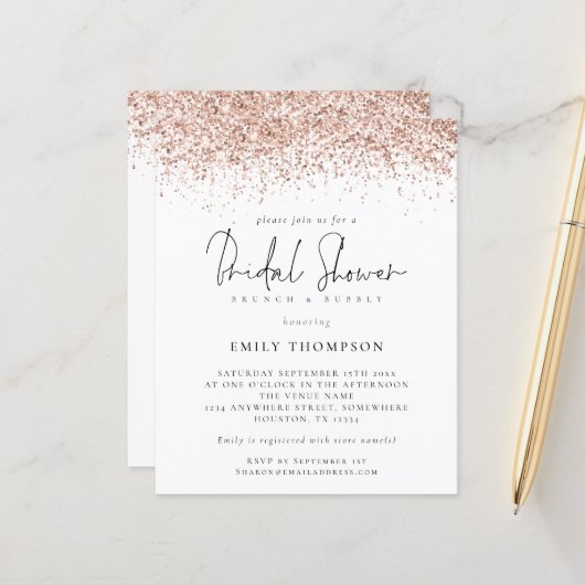 Budget Rose Gold Glitzer Bridal Dusche Einladung (Vorderseite/Rückseite Beispiel)