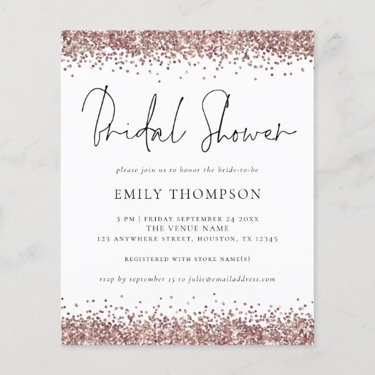 Budget Rose Gold Glitzer Bridal Dusche Einladung (Vorderseite)