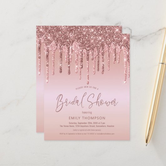 Budget Rose Gold Glitzer Bridal Dusche Einladung (Vorderseite/Rückseite Beispiel)