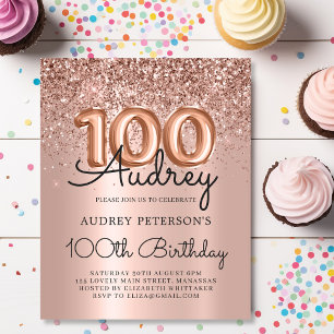 Budget Rose Gold Glitzer Einladung zum 100. Geburt