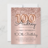 Budget Rose Gold Glitzer Einladung zum 100. Geburt (Vorderseite)