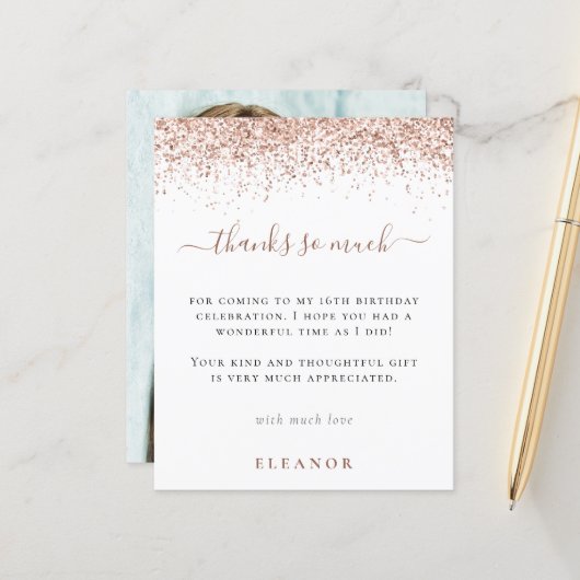Budget Rose Gold Glitzer Foto Sweet 16 Dank (Vorderseite/Rückseite Beispiel)