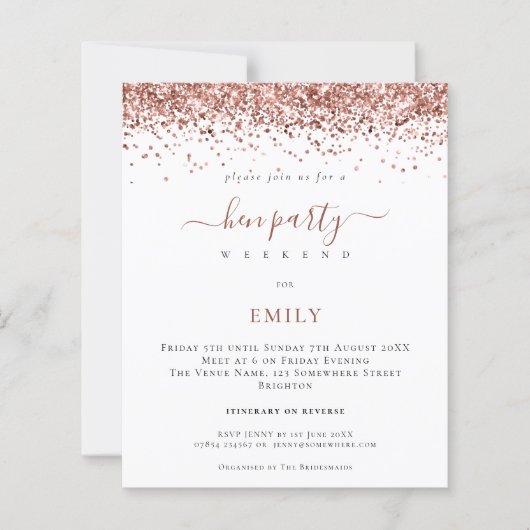 Budget Rose Gold Glitzer Hen Tours Einladung (Vorderseite)
