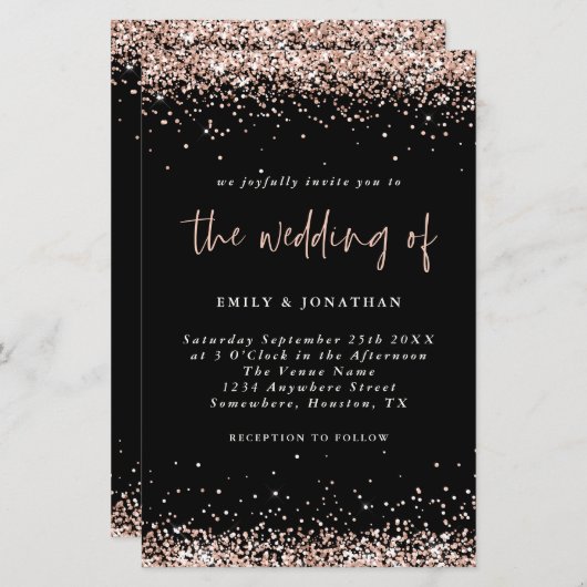 Budget Rose Gold Glitzer Hochzeit Black Einladung (Vorne/Hinten)