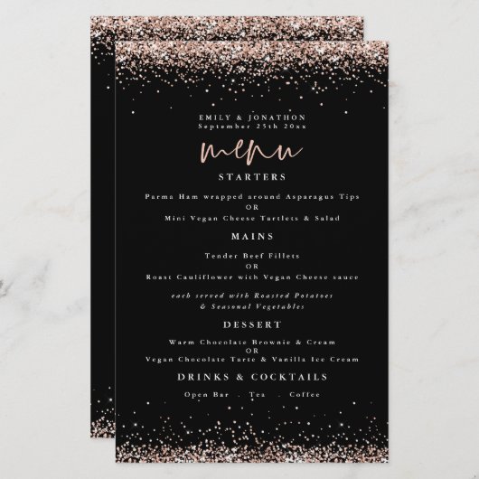 Budget Rose Gold Glitzer Hochzeit Black Menu (Vorne/Hinten)