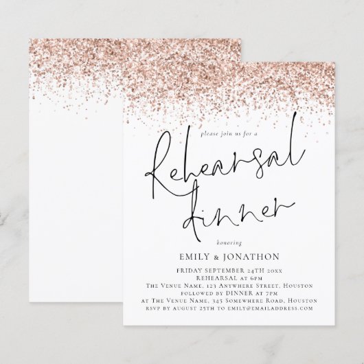 Budget Rose Gold Glitzer Hochzeit Probe Dinner (Vorne/Hinten)