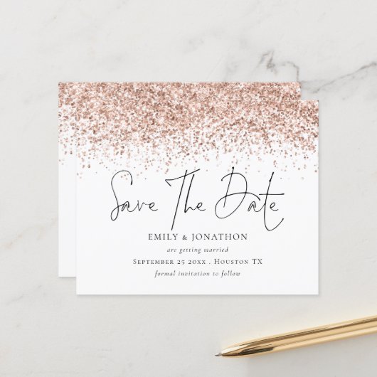 Budget Rose Gold Glitzer Hochzeit speichern Datum (Vorderseite/Rückseite Beispiel)