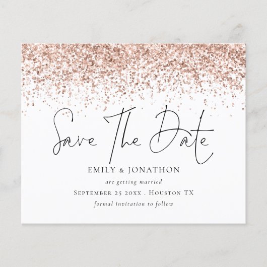Budget Rose Gold Glitzer Hochzeit speichern Datum (Vorderseite)