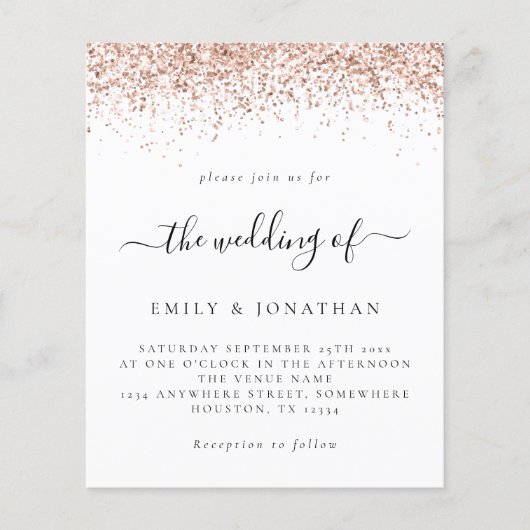 Budget Rose Gold Glitzer Hochzeit Weiße Einladung (Vorderseite)