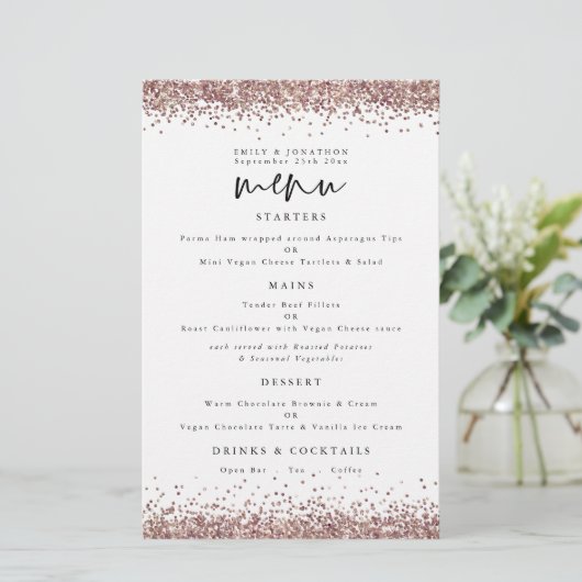 Budget Rose Gold Glitzer Hochzeitsmenü (Stehend Vorderseite)
