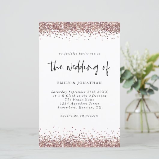 Budget Rose Gold Glitzer Hochzeitsweiße Einladung (Stehend Vorderseite)