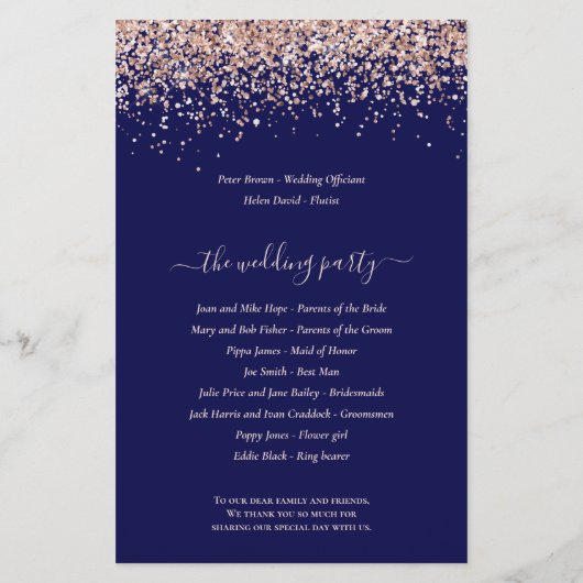 Budget Rose Gold Glitzer Navy Blue Wedding Program (Rückseite)