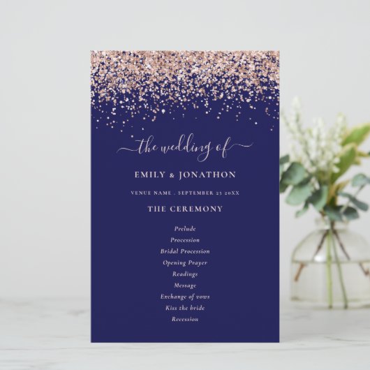 Budget Rose Gold Glitzer Navy Blue Wedding Program (Stehend Vorderseite)