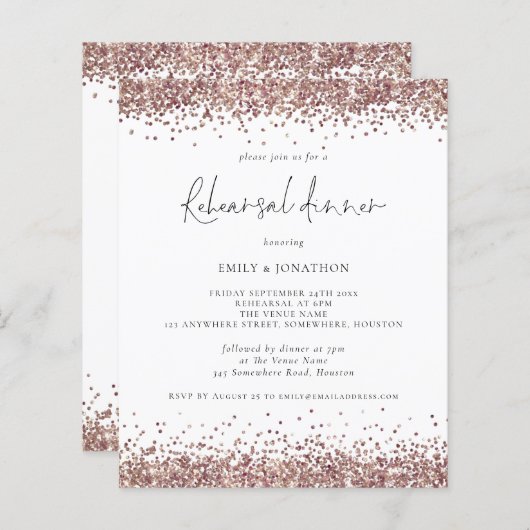 Budget Rose Gold Glitzer Probe Einladung (Vorne/Hinten)
