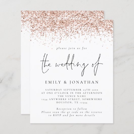 Budget Rose Gold Glitzer QR Code Einladung (Vorne/Hinten)