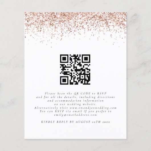 Budget Rose Gold Glitzer QR-Code Hochzeit Einladun (Rückseite)