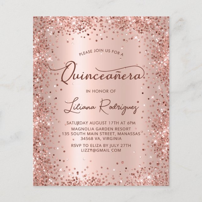 Budget Rose Gold Glitzer Quinceanera Einladung (Vorderseite)