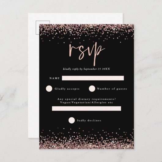 Budget Rose Gold Glitzer Script Black Wedding RSVP Postkarte (Vorne/Hinten)