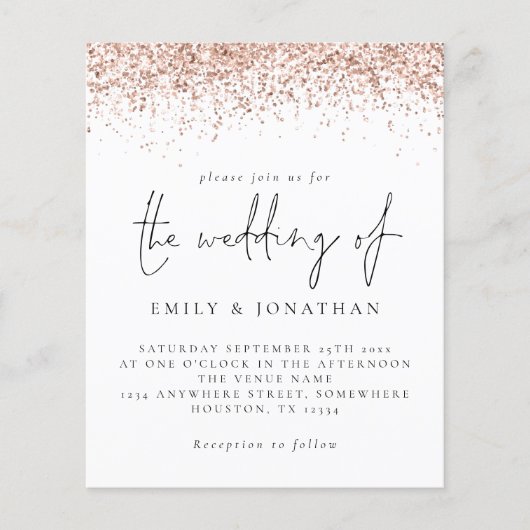 Budget Rose Gold Glitzer Script Einladung (Vorderseite)