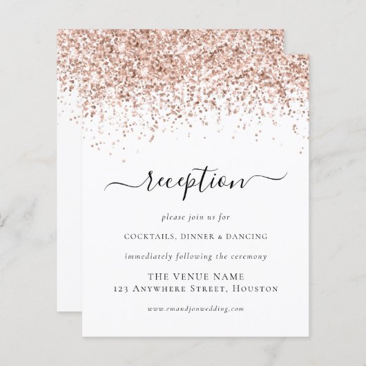Budget Rose Gold Glitzer Script Hochzeitsempfang (Vorne/Hinten)