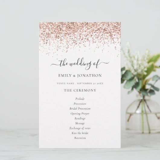 Budget Rose Gold Glitzer Script Hochzeitsprogramm (Stehend Vorderseite)