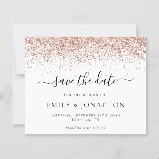 Budget Rose Gold Glitzer Script Save the Date (Vorderseite)