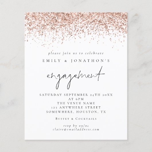Budget Rose Gold Glitzer Script Verlobung einladen (Vorderseite)