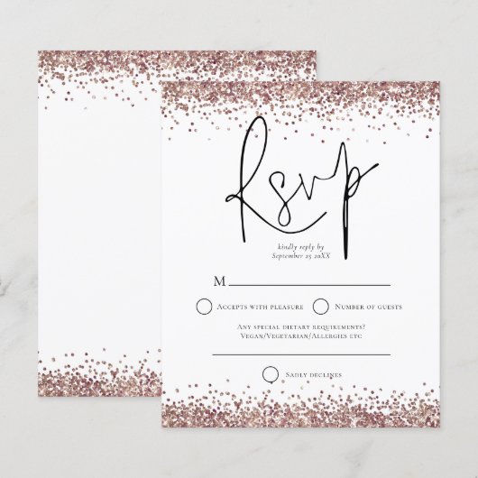 Budget Rose Gold Glitzer Script Wedding RSVP (Vorne/Hinten)