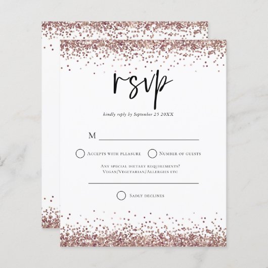 Budget Rose Gold Glitzer Script Wedding RSVP (Vorne/Hinten)