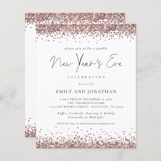 Budget Rose Gold Glitzer Silvester Party Invit (Vorne/Hinten)