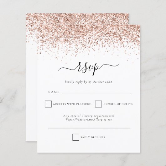Budget Rose Gold Glitzer Skript Hochzeit RSVP (Vorne/Hinten)