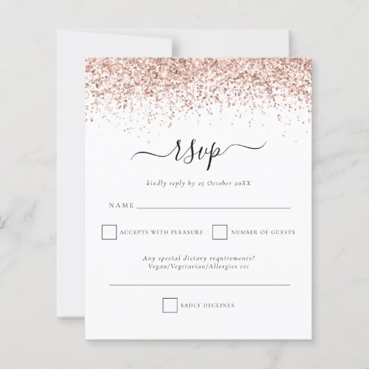 Budget Rose Gold Glitzer Skript Hochzeit RSVP (Vorderseite)