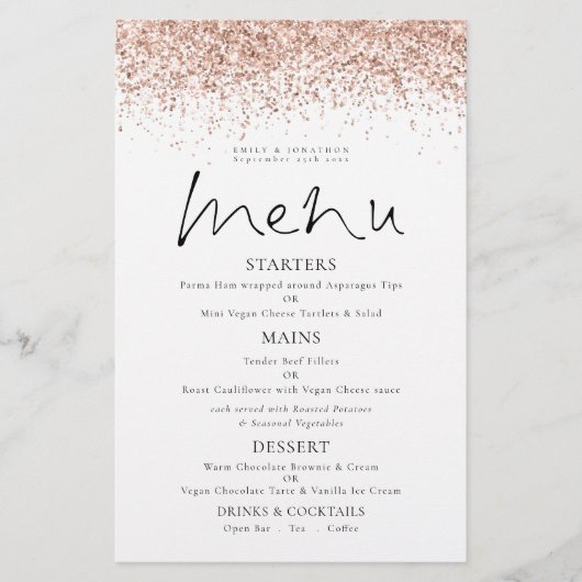 Budget Rose Gold Glitzer Skript Hochzeitmenü (Vorderseite)