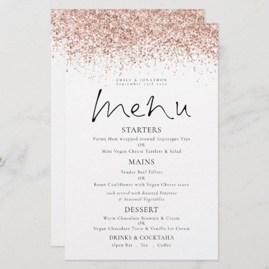 Budget Rose Gold Glitzer Skript Hochzeitmenü (Vorne/Hinten)