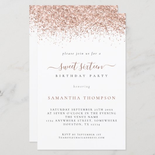 Budget Rose Gold Glitzer Sweet 16 Geburtstag Einla (Vorne/Hinten)