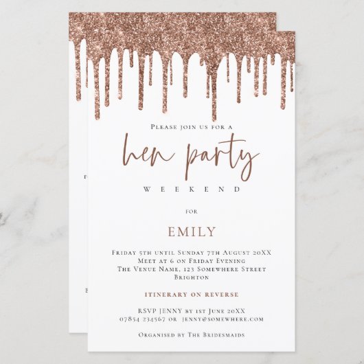 Budget Rose Gold Glitzer Tropfen Hen Weekend Einla (Vorne/Hinten)