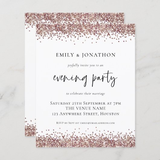 BUDGET Rose Gold Glitzer Wedding Abend Einladung (Vorne/Hinten)