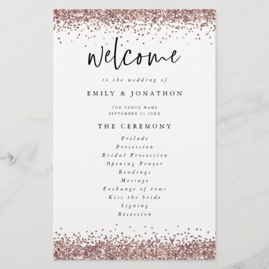 Budget Rose Gold Glitzer White Wedding Programm (Vorderseite)