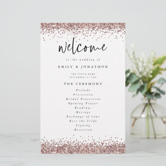 Budget Rose Gold Glitzer White Wedding Programm (Stehend Vorderseite)