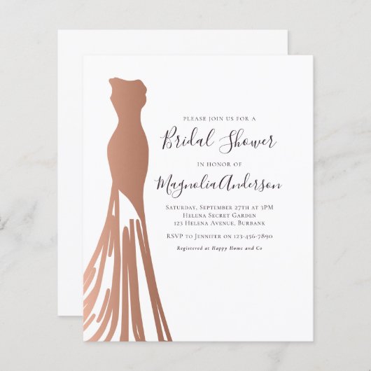 Budget Rose Gold Kleid Bridal Dusche Einladung (Vorne/Hinten)