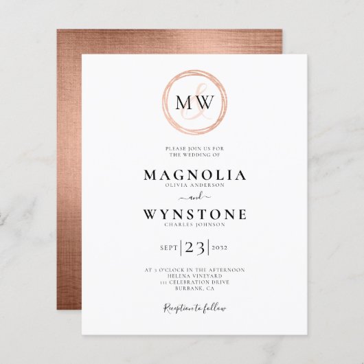 Budget Rose Gold Monogram Hochzeitseinladung (Vorne/Hinten)