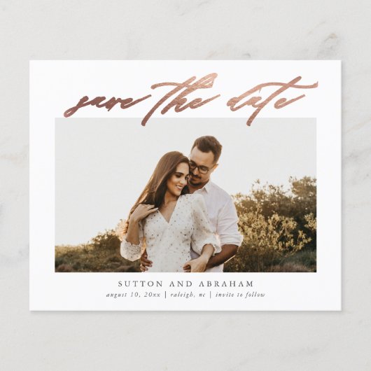 Budget Rose Gold Script Foto Save the Date (Vorderseite)