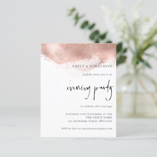 Budget Rose Gold Wedding Abend Party Einladung (Stehend Vorderseite)