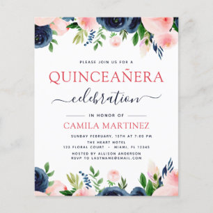 Budget-Rosé-Navyblau-Blumen-Quinceanera Flyer